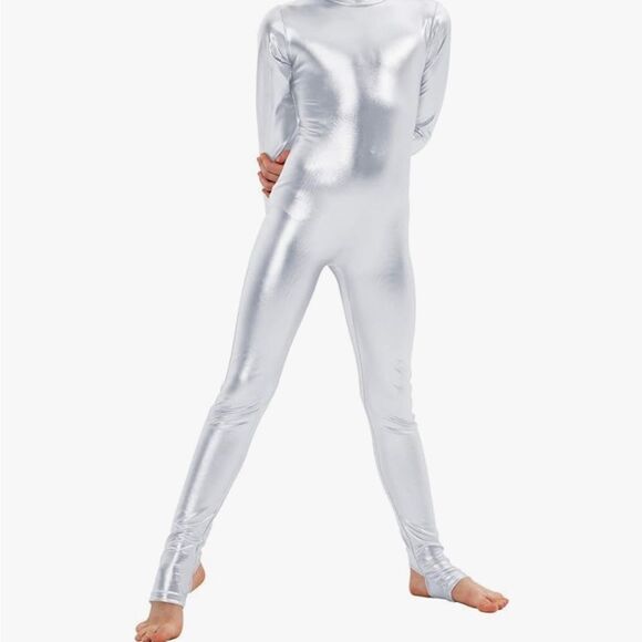 Kepblom Girls Shiny Metallic Mock Neck Unitard Long Sleeve Bodysuit Costume, NWT - Picture 1 of 9